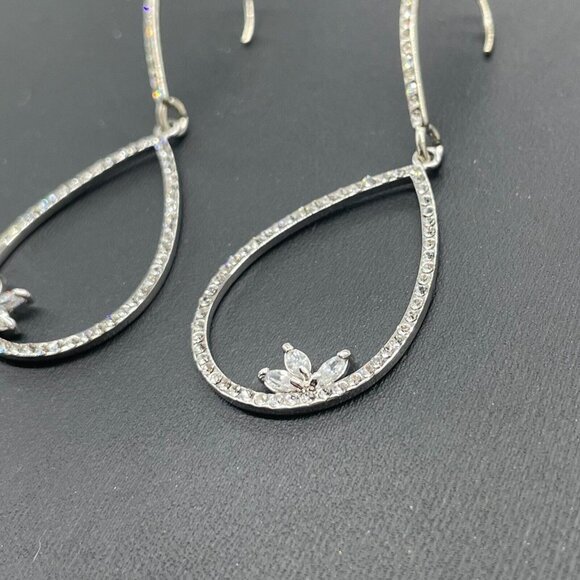 SH Pave Rhinestone Teardrop Dangle Earrings Silver Tone Hook Closure - Picture 6 of 6